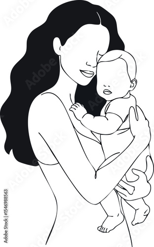 Mother holding baby child simple black and white vector illustration loving bond 