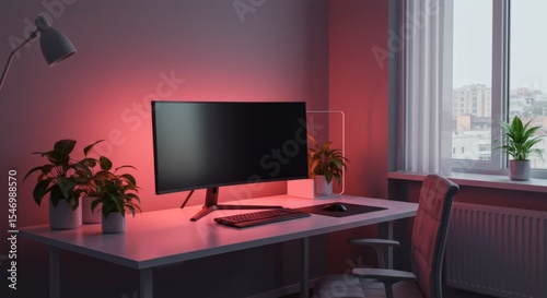 Modern Workspace Lit in Pink and Orange with Curved Monitor and Plants