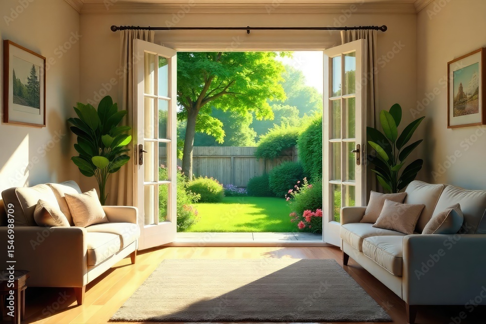 Fototapeta premium Relaxing summer day at home, sunlight streaming through windows illuminating a comfortable living room with open doors leading to a lush green backyard , cottage, garden
