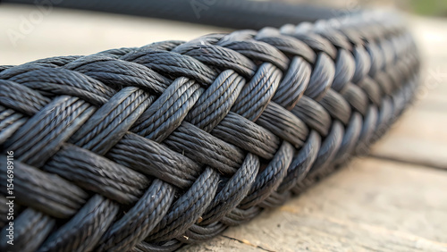 Black braided rope close up detail strong woven fiber cable marine nautical strength industrial material