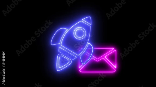 Neon light effect on a rocket icon and a mail envelope, black background