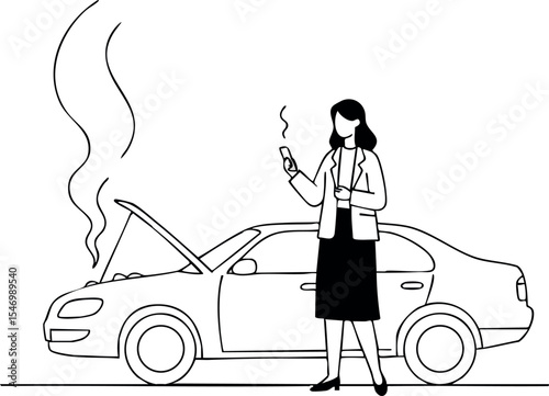 Woman standing beside broken down car with smoking engine vector illustration 