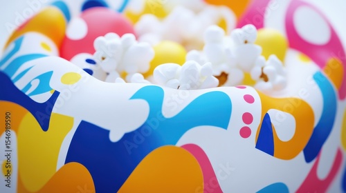 Colorful Bowl with Popcorn Surrounded by Abstract Patterns