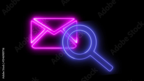 Neon light effect on a mail envelope icon and a magnifying glass, black background