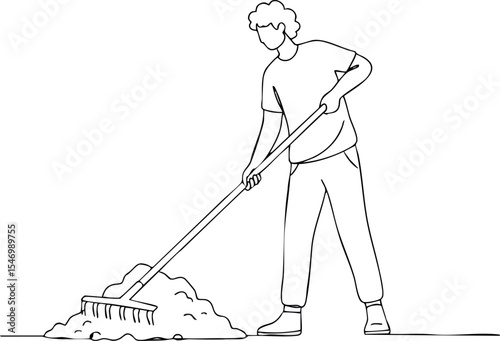 Person Raking Leaves Outdoor Gardening Activity Simple Line Art Vector Illustration 