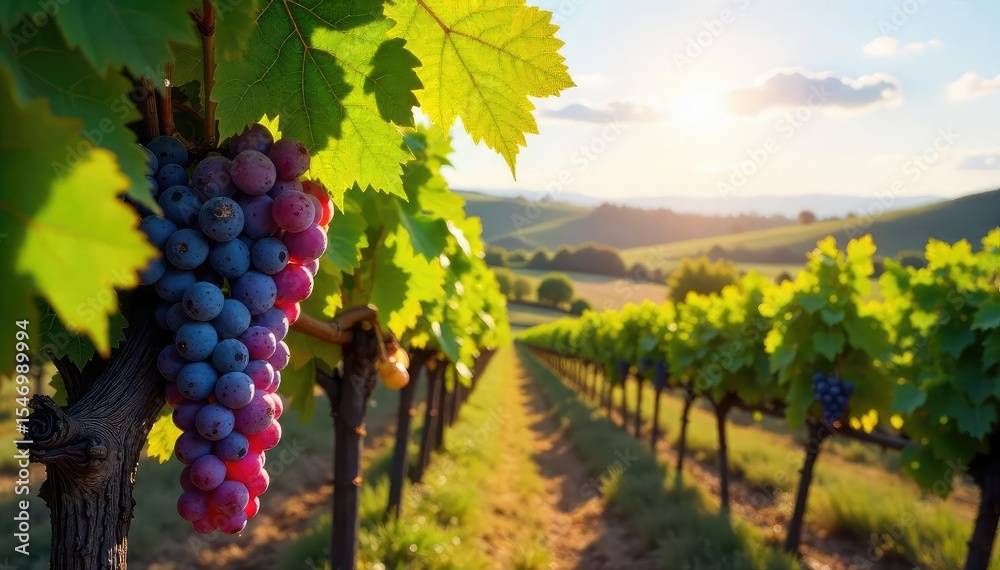 Fototapeta premium Sun-drenched vineyards bursting with ripe grapes ready for harvest at a picturesque winery Rolling hills, lush greenery, and rows of vines create a stunning landscape , organic, winemaking