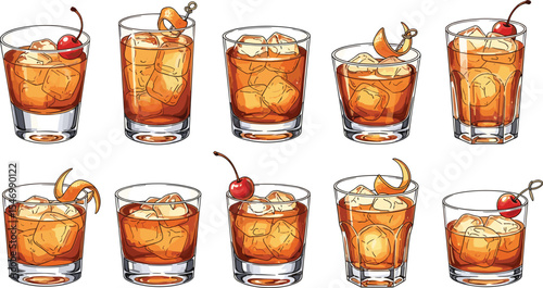 Set of Manhattan cocktails in various glasses with ice, cherry and orange zest garnish. Watercolor illustrations on transparent background. Classic whiskey-based drinks.