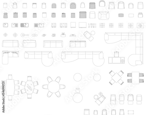 2D CAD furniture symbol set sofa chair set dining table automatic vector format