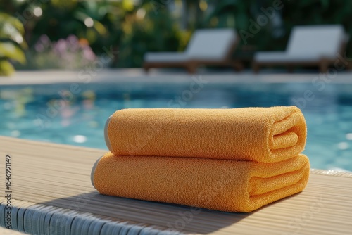Two neatly folded orange towels rest on the edge of a sparkling blue pool, with lounge chairs and lush greenery in the blurry background, suggesting a tranquil and relaxing atmosphere