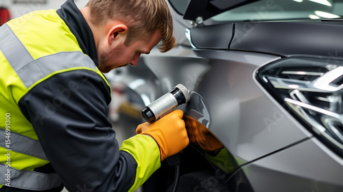 Expert mechanic skillfully removes dents from car body with spotter for quality repair and alignment