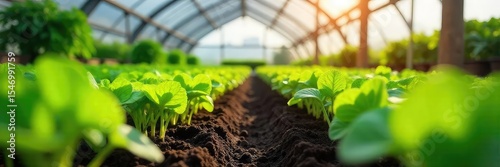 Rows of lush, healthy seedlings thrive under the controlled environment of a modern greenhouse plant nursery, ready for transplanting Sunlight streams through the glass roof , bud, sustainable