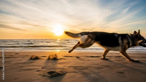 German Shepherd Dog Running on Beach at Sunset: A Dynamic Coastal Scene