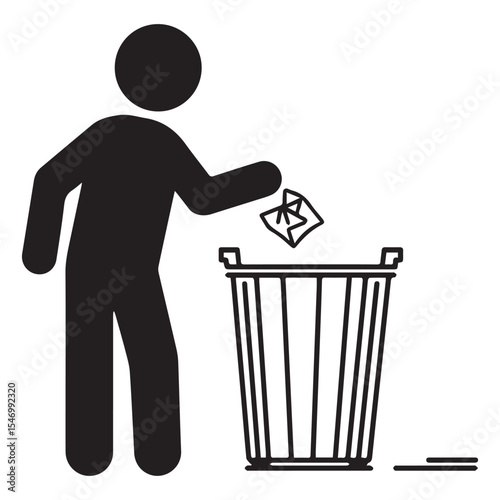 Simple pictogram of person throwing trash in bin