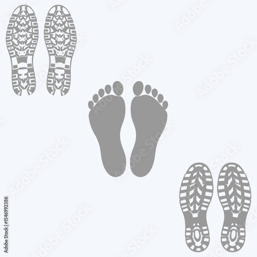 Set of human foot print, shoe print icon vector illustration. Human foot and shoe print icons . Vector for websites, mobile interfaces, presentations, banner, visual branding etc. 