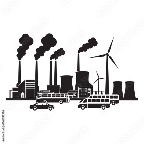 Industrial power plant with wind turbines and public transportation