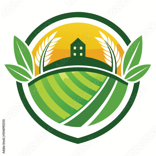 Agriculture Farm Logo with Barn, Sunrise, and Fields