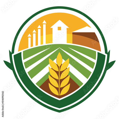 Agriculture Farm Logo with Barn, Sunrise, and Fields