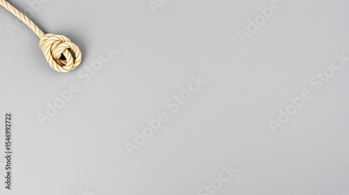 Rope noose with knot on grey table, top view. Space for text