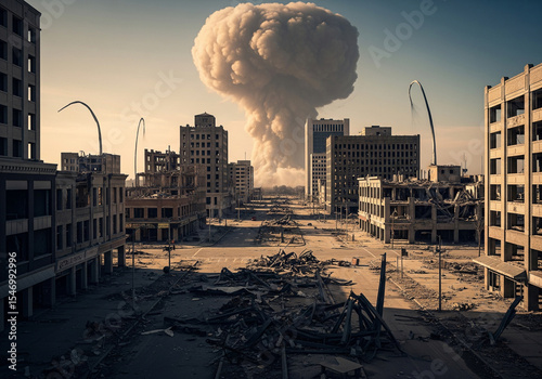 A devastating mushroom cloud rises in the distance over a ruined, apocalyptic city, depicting the aftermath of a catastrophic event and widespread destruction.