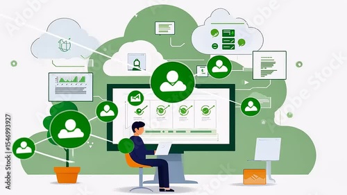 Person working on a computer in a modern office environment with digital elements and greenery