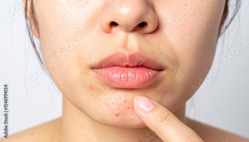 A close-up image of herpes on the lips, showing small clusters of blisters or sores, typically around the edge of the lips or corner of the mouth, symptoms of a herpes simplex virus.