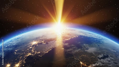 Earth From Space With Sunrise Over City Lights Dynamic Aerial Shot