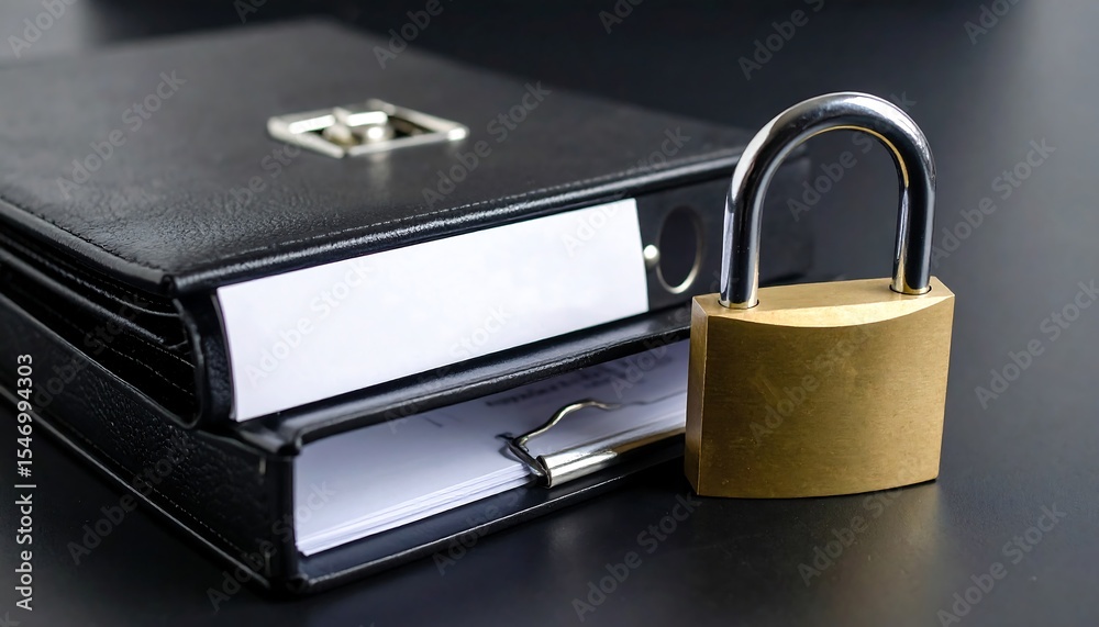 Naklejka premium Lock and briefcase with confidential paperwork resting on a dark surface, creating an atmosphere of secrecy and security