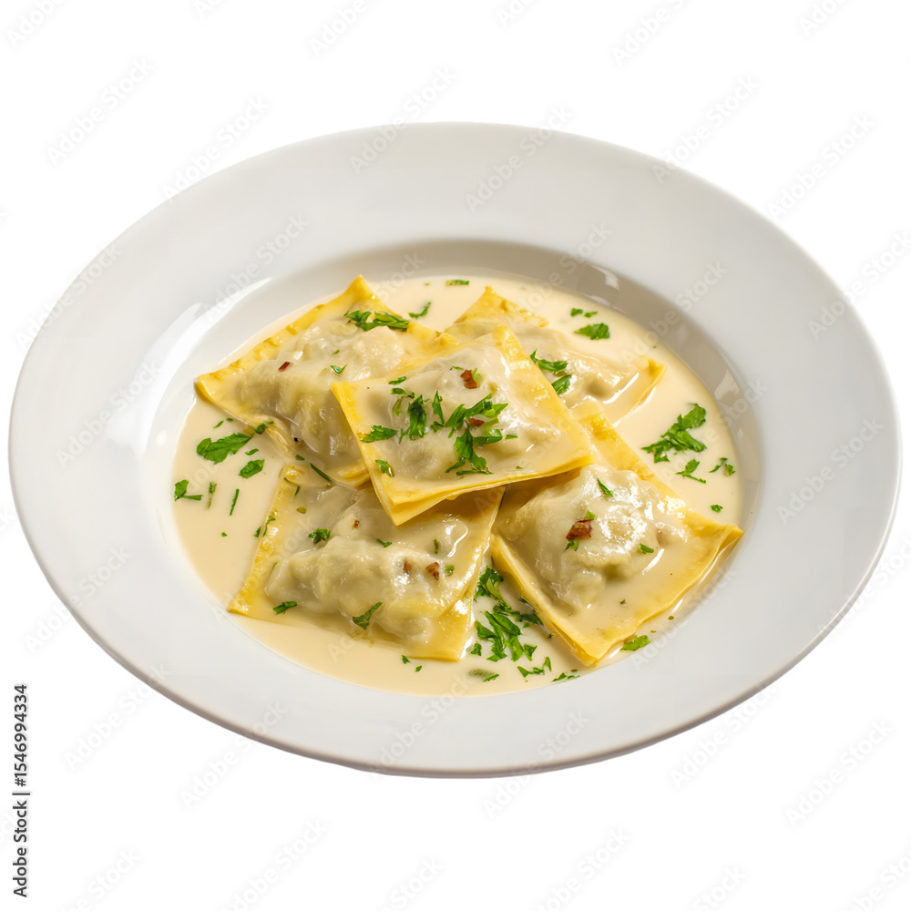 Delicious Ravioli in Creamy Sauce Gourmet Italian Pasta Dish, transparent background Delicious Ravioli in Creamy Sauce Gourmet Italian Pasta Dish, transparent background