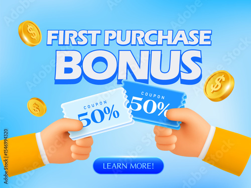First purchase bonus banner template with hands holding gift vouchers with coupon code, golden coins flying around, isolated on background. Discount event banner concept in 3d vector. Vector