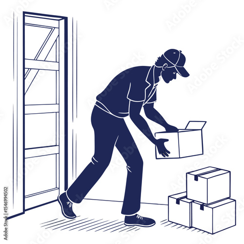 Silhouette of a man unpacking boxes in a warehouse eps