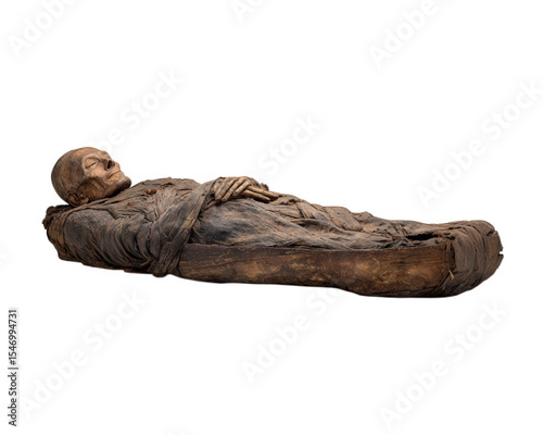 Ancient mummy artifact displayed on transparency background, showcasing intricate details of wrappings and facial features. This historical object evokes curiosity and fascination