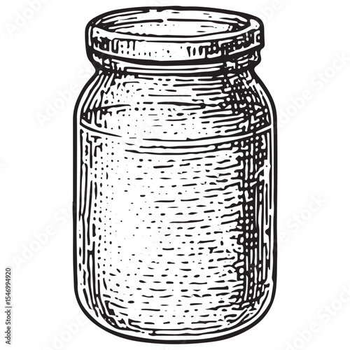 A rustic black-and-white illustration of a honey jar, featuring a classic design with a lid, showcasing the golden sweetness of bee-produced honey in a traditional apiculture sett