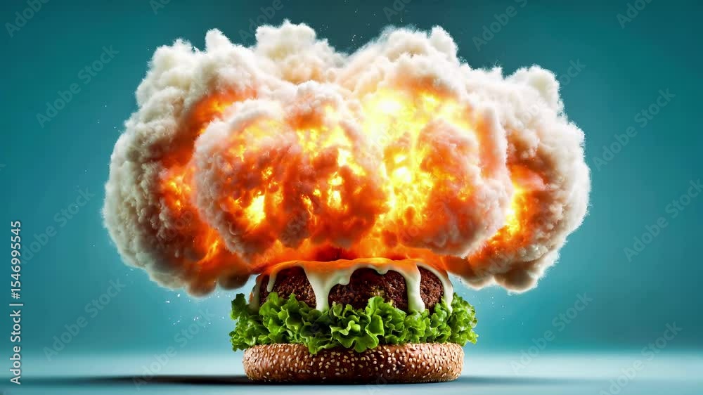 Nuclear explosion mushroom cloud erupts from hamburger burger against turquoise background. Surreal conceptual digital symbolizing unhealthy fast food impact, junk nutrition dangers, processed meal