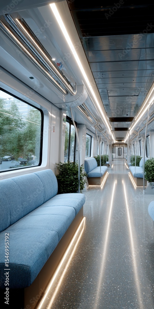 Fototapeta premium Modern Subway Car Interior Clean Empty Plants LED Lighting