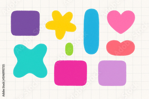 Abstract colorful shapes illustration on grid background ideal for creative design projects modern art education templates web graphics playful abstract layout unique design Pro.