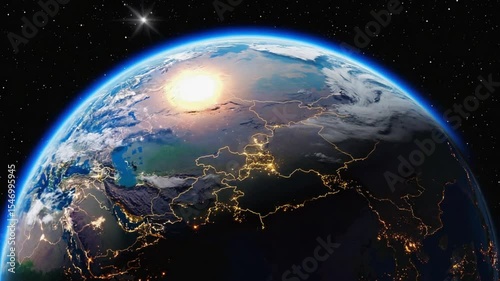 Spinning Earth from Space with City Lights and Star Field
