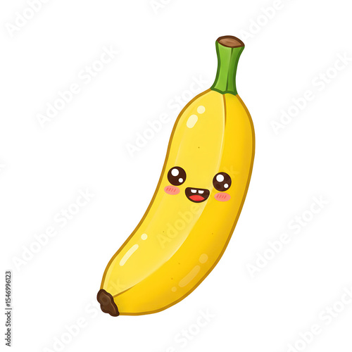 Happy cartoon banana with big eyes and smiling mouth on white background