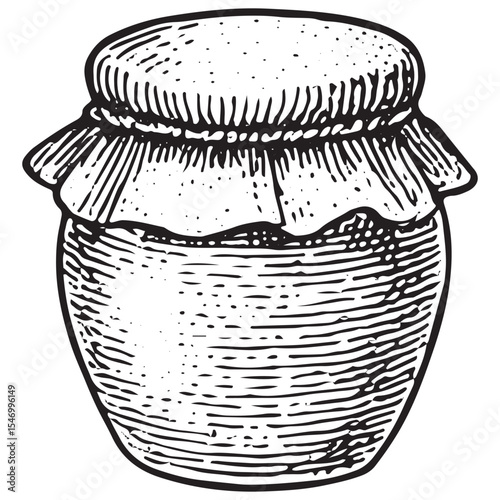 A rustic black-and-white illustration of a honey jar, featuring a classic design with a lid, showcasing the golden sweetness of bee-produced honey in a traditional apiculture sett