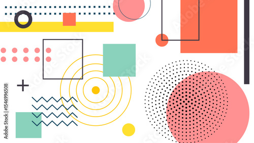 Abstract geometric design featuring various shapes and colors, perfect for background, digital art, branding, and modern interior decor projects.