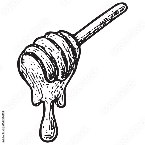 A detailed black-and-white sketch of a honey dipper, featuring a wooden handle and grooved head, designed to drizzle honey, embodying traditional beekeeping tools in a rustic apiculture illustration