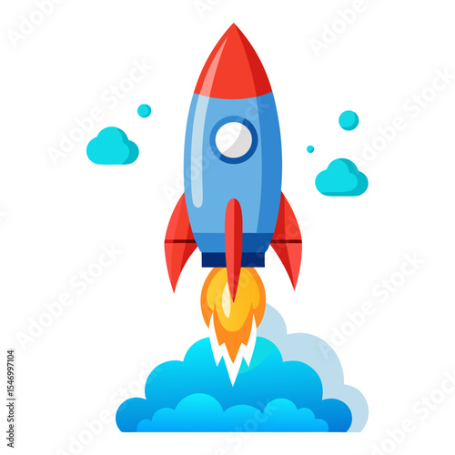 A stylized, flat-design illustration of a rocket launching with smoke and small clouds.