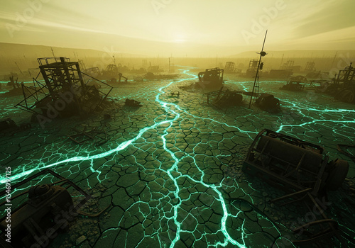 Radioactive green cracks on a desolate, post-apocalyptic landscape.
