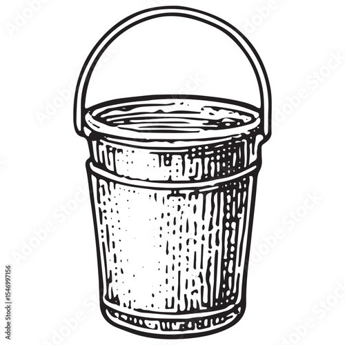 A detailed black-and-white illustration of a bucket with honey dripping, featuring a metal handle, symbolizing honey collection in a traditional apiculture farm environment