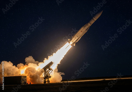 A powerful rocket launching into the sky with a blazing trail of fire and smoke, symbolizing technological advancement, space exploration, and human ambition.