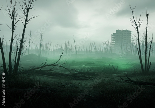 Radioactive green cracks on a desolate, post-apocalyptic landscape.