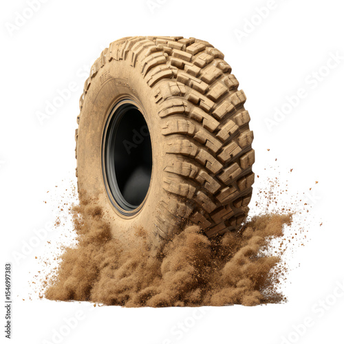 Off-Road Tire with Dust Cloud on Rugged Terrain in Motion