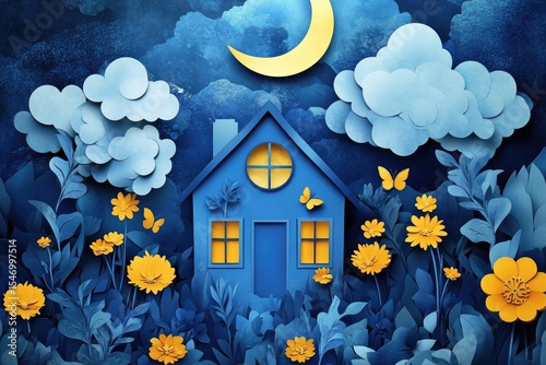 A blue house nestled in a garden at night, illuminated by warm lights, under a crescent moon and fluffy clouds.  Paper art style