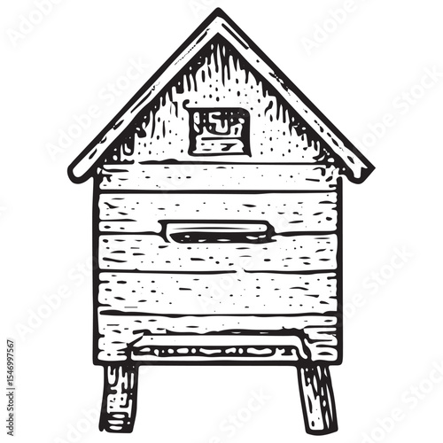 A quaint black-and-white drawing of a bee house, a small wooden structure with a pitched roof, serving as a bee habitat in a traditional apiculture farm illustration