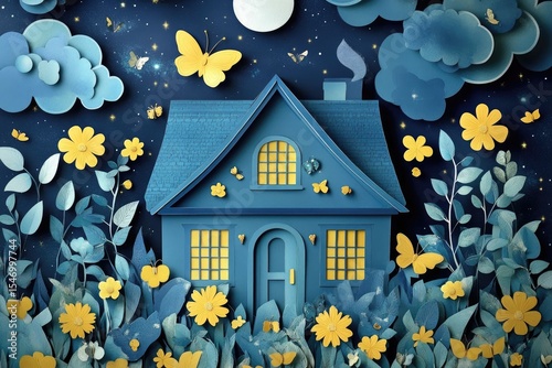 A whimsical paper-cut house nestled in a moonlit garden, surrounded by flowers and butterflies