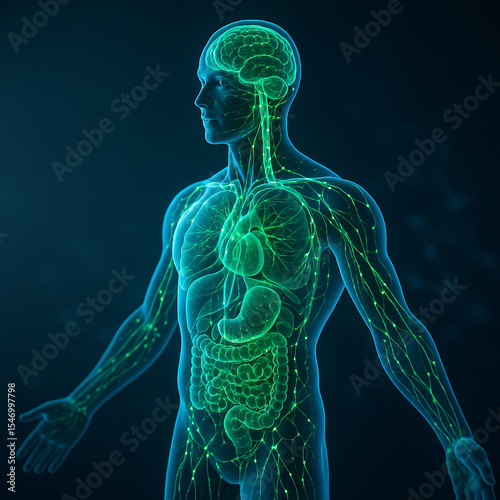 AI generated realistic biomedical illustration of a translucent human body showing lymphatic nervous digestive and respiratory systems in green and blue tones